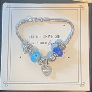 Silver-Tone Blue Bead Heart Charm Bracelet for Women